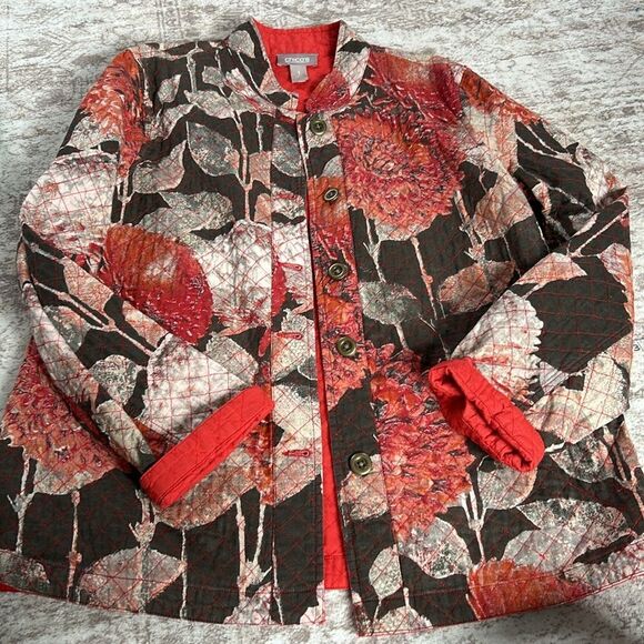 Chico's  Floral lightly quilted Jacket - Red and Brown size Chico’s one/Medium - Picture 9 of 9